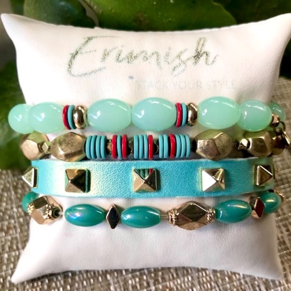 ERIMISH BRACELETS ⭐️ New SEA-MIST GOLD PYRAMID STUDDED LEATHER 4 PC STACK NWT - Picture 9 of 15